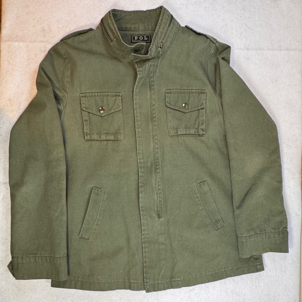POL Olive Green Military Field Jacket Leopard Print Lining Cotton Utility Large